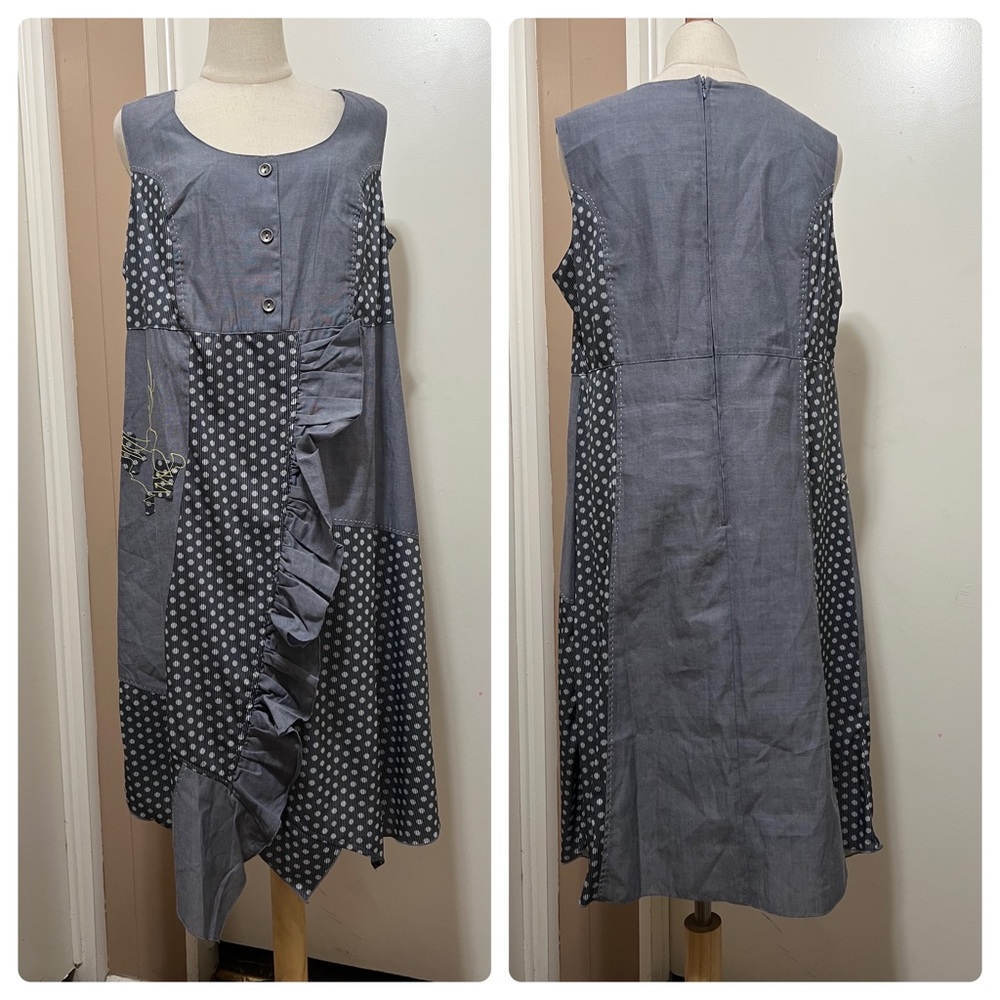 Taillissime Midi Patchwork Polka Dots Ruffled Chambray Dress Womens 14W Blue